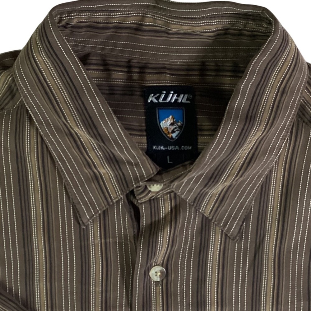 Kuhl Mens Brown Striped Short Sleeve Button Down Shirt Modal Blend Large Hiking